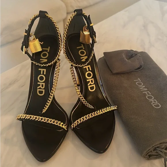 Tom Ford Black and Gold Chain Heels - Picture 1 of 16